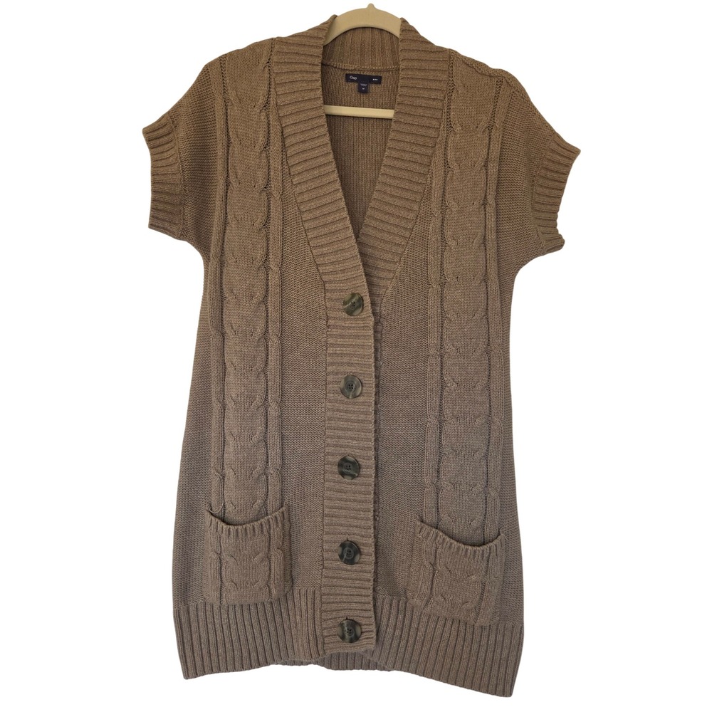 Gap Brown Cable Knit Short Sleeve Fisherman Cardigan Sweater M Cottagecore Cozy